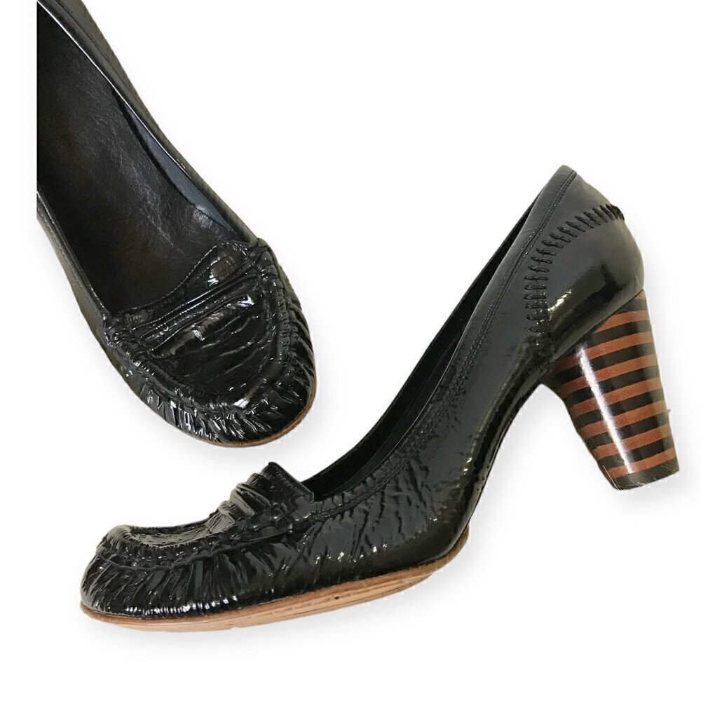 Georgina Goodman black crinkled patent loafer pumps, 38EU with round stripe hee